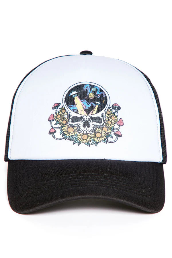 "Space Skull" Floral Trucker Hat — White/Black · One Size