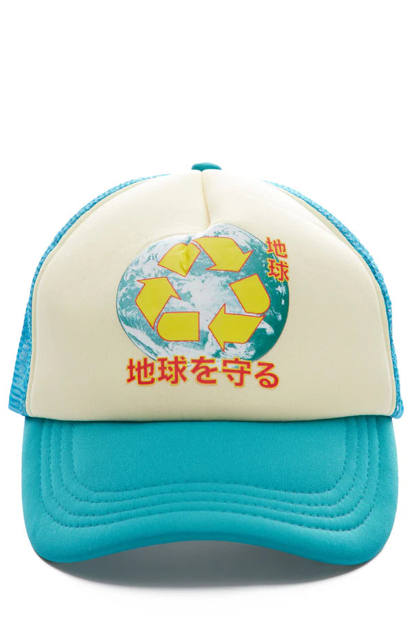 "Protect The Earth" Japanese Trucker Hat — Blue/Cream · One Size