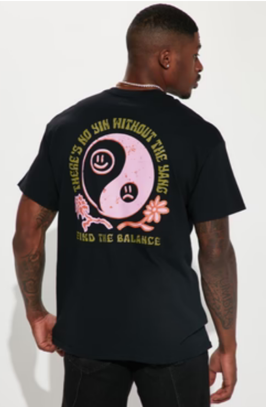 "Find The Balance" Yin Yang Graphic Tee — Black · S/M