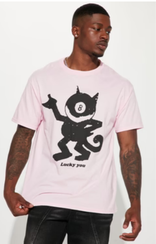 Man wearing a pink t-shirt with a black graphic design on a white background