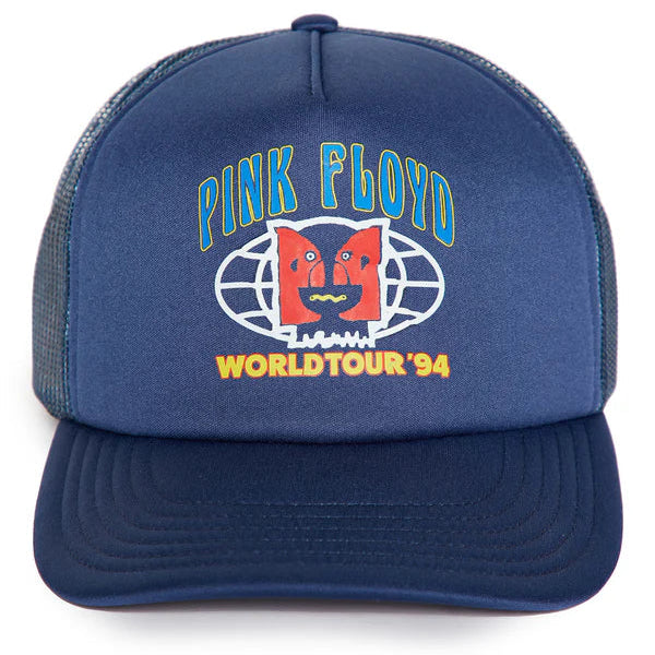 Blue trucker hat with Pink Floyd logo and text on a white background