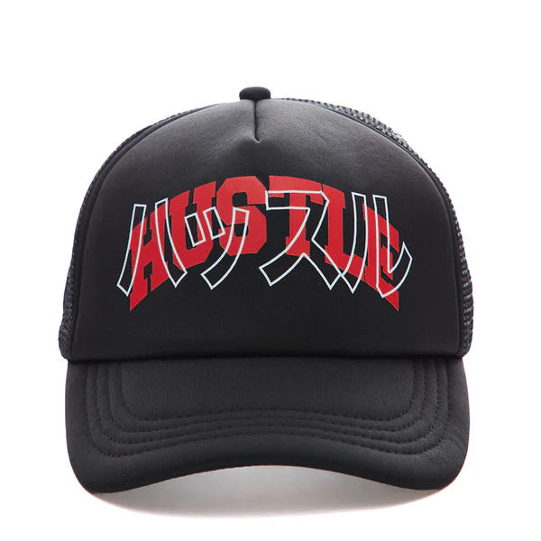 Black cap with red and white text on a white background