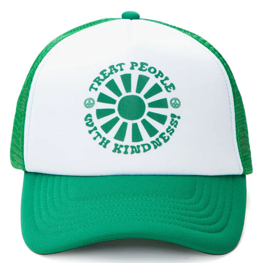 Green and white cap with 'Treat People with Kindness' text on a white background