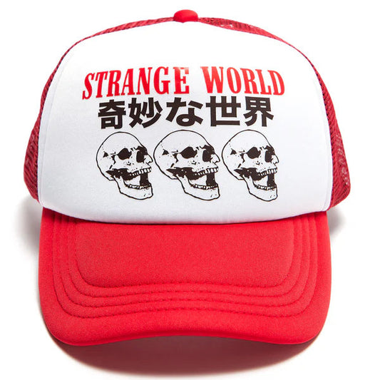 Red and white cap with 'Strange World' text and skull designs on a white background