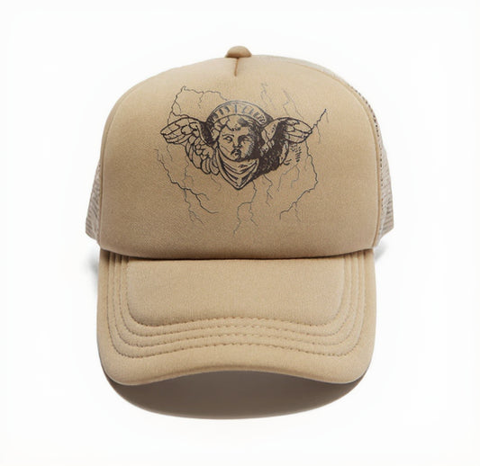 Beige trucker cap with angel design on a white background