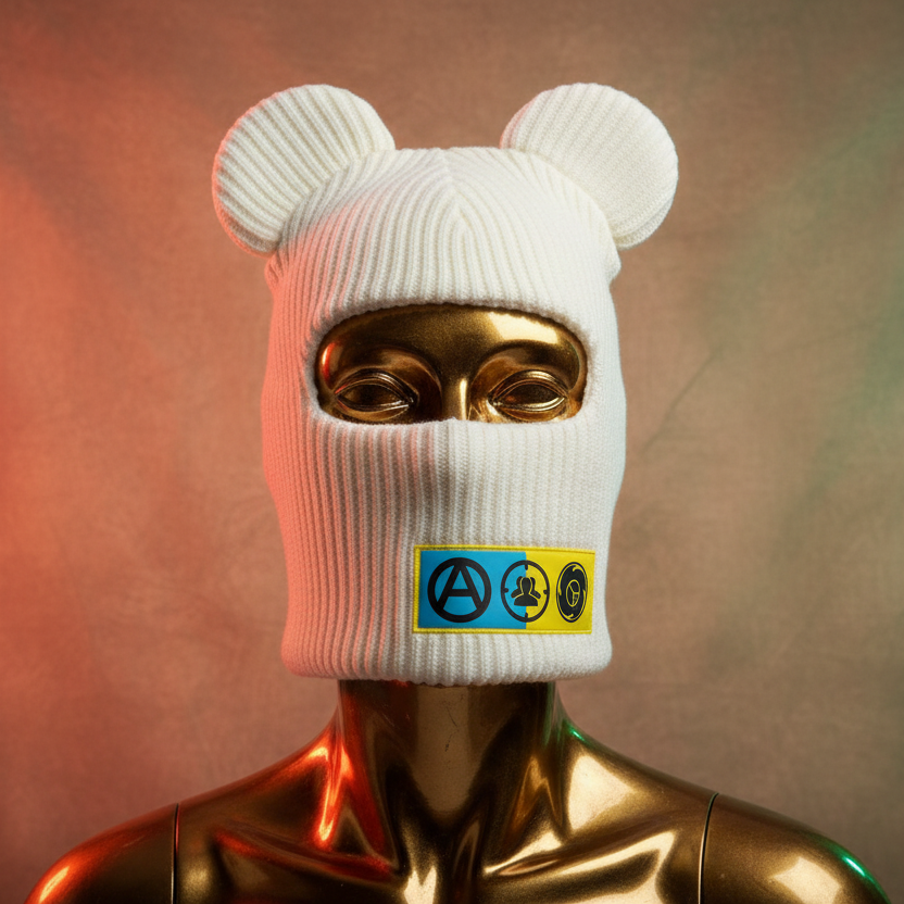 Mannequin head wearing a white knit balaclava with bear ears against a gradient background