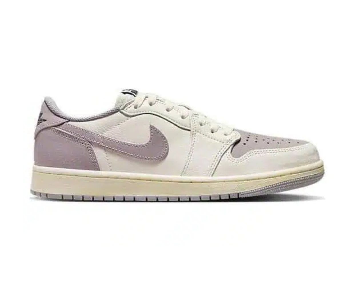 White and gray sneaker with a logo on a white background