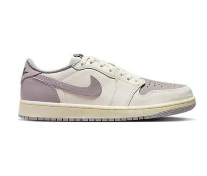 White and gray sneaker with a logo on a white background