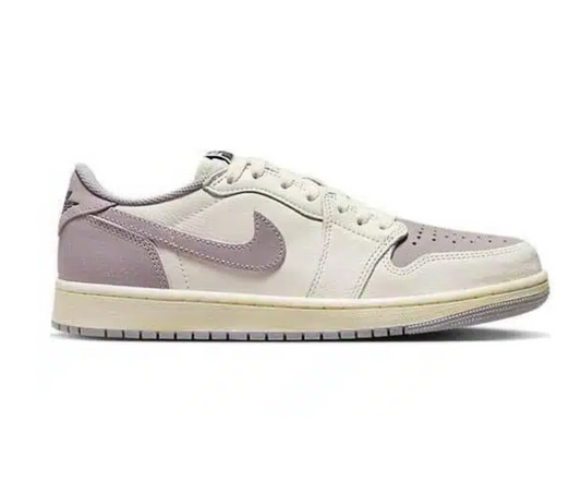 White and gray sneaker with a logo on a white background
