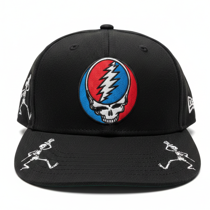 Black cap with a colorful logo on a white background