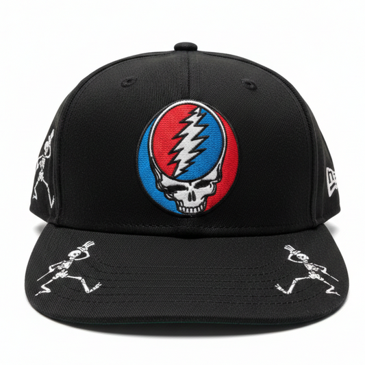 Black cap with a colorful logo on a white background