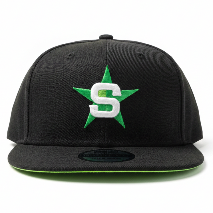 Black cap with a green and white logo on a white background