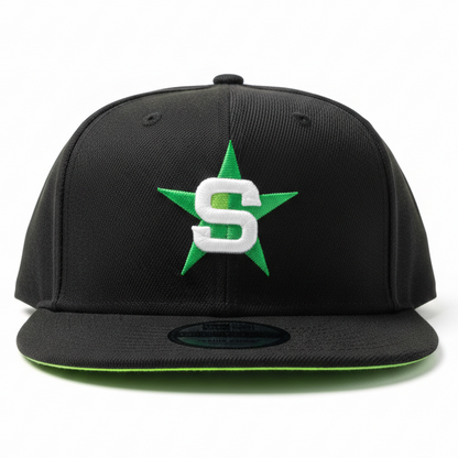 Black cap with a green and white logo on a white background