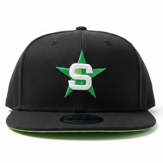 Black cap with a green and white logo on a white background