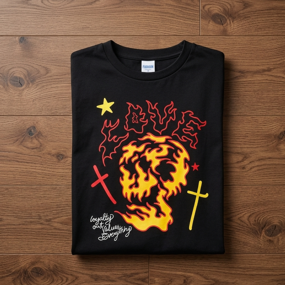 "Flamin' Love" Flaming Lion Graphic Tee — Black · M/L