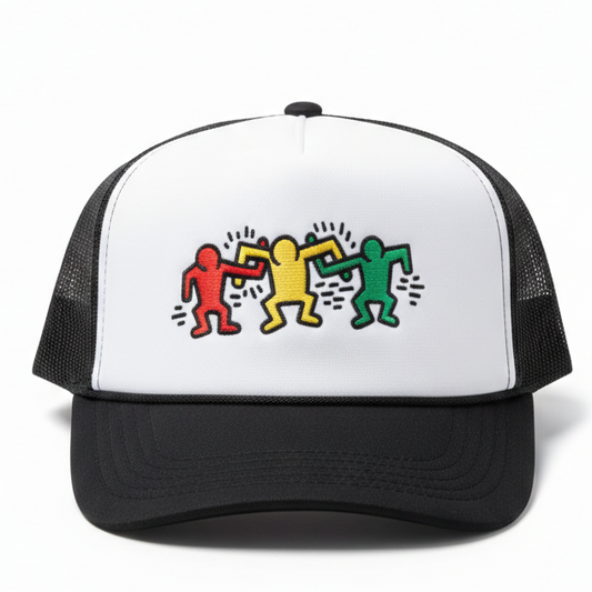 Trucker hat with colorful graphic design on a white background