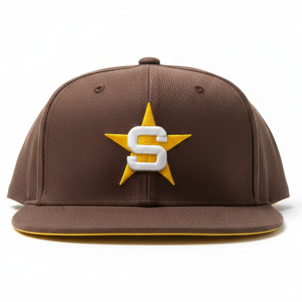 Brown cap with a yellow star and white 'S' logo on a white background