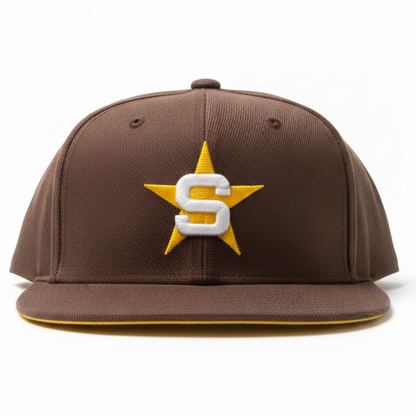 Brown cap with a yellow star and white 'S' logo on a white background