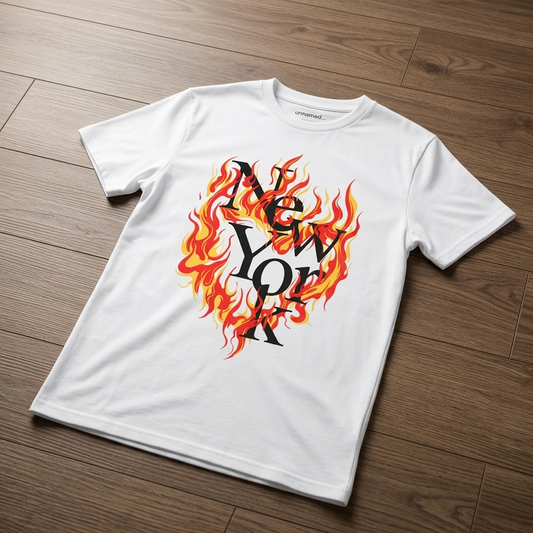 "Flaming New York" Graphic Tee — White · M/L/XL/2XL