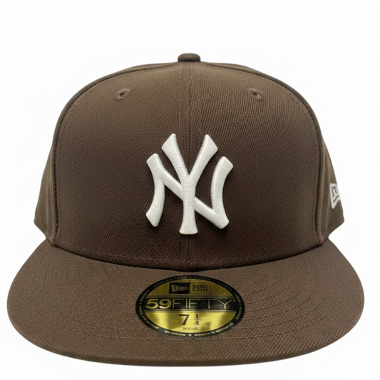 Brown baseball cap with white logo on a white background