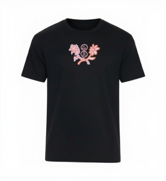 Black t-shirt with a pink floral design on a white background