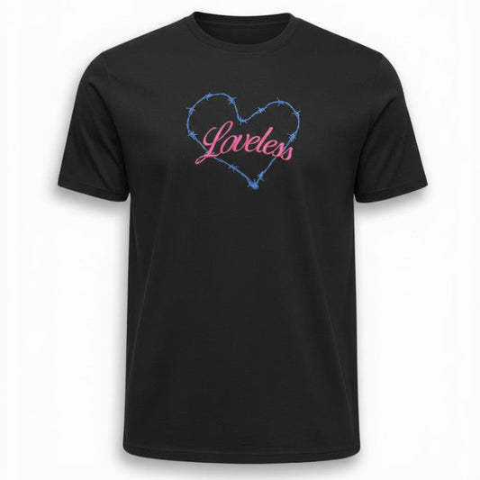 Black t-shirt with a pink 'Lovelex' heart design on a white background