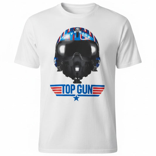 White t-shirt with a graphic of a helmet and 'Top Gun' logo on a white background