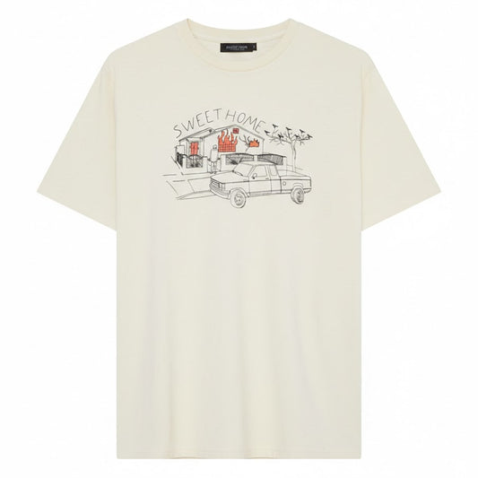 White t-shirt with graphic design and 'Sweet Home' text on a white background