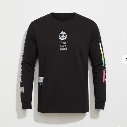 Black long-sleeve shirt with colorful designs on sleeves against a white background