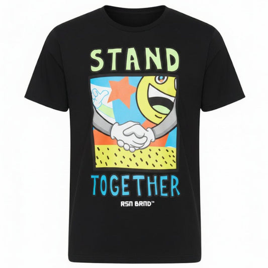 Black t-shirt with colorful graphic and 'Stand Together' text on a white background