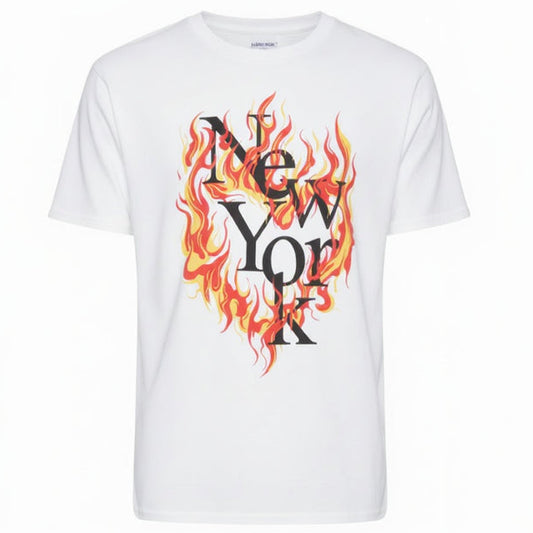 White t-shirt with 'New York' design in flames on a white background